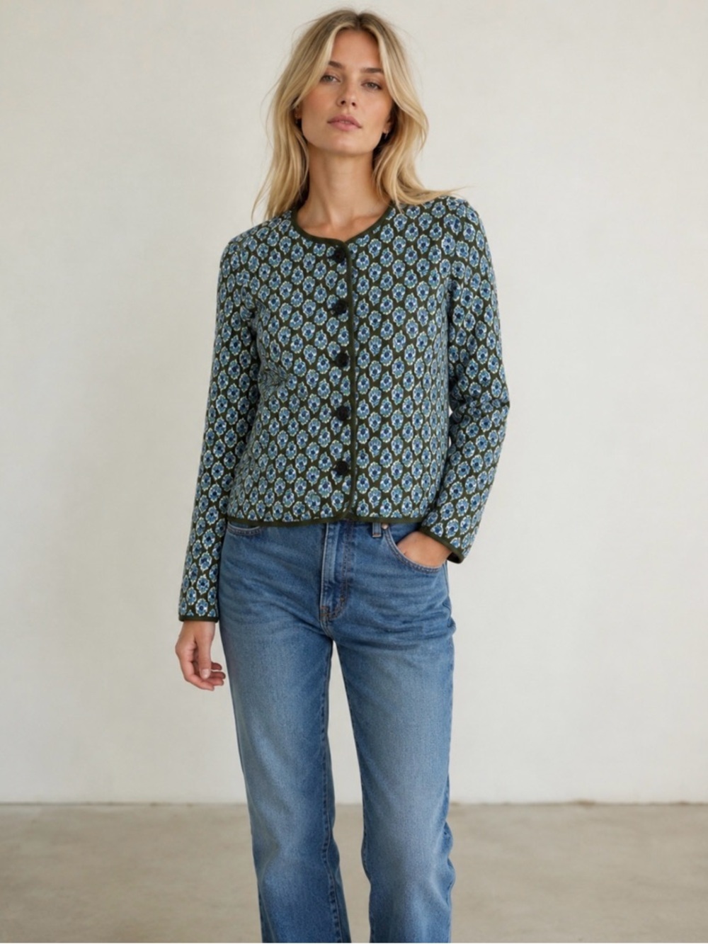 J Crew NWT Floral Print Quilted Jacket Lightweight Career Blue/Green Size 6